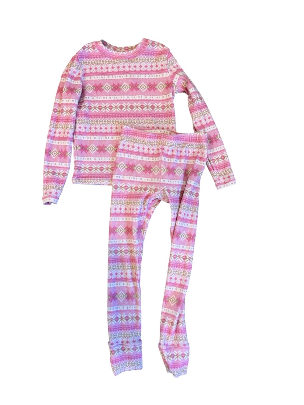 Skims Pink Fair Isle Kids Pajama Set - Long Sleeve Top & Pants